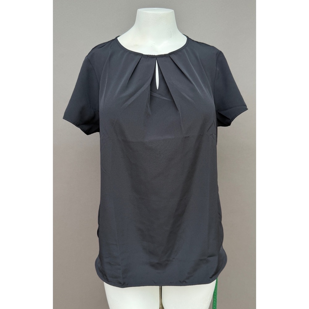 Lands End Blouse 12P Black Pleated Keyhole Short Sleeve Gold Zip Workwear Office